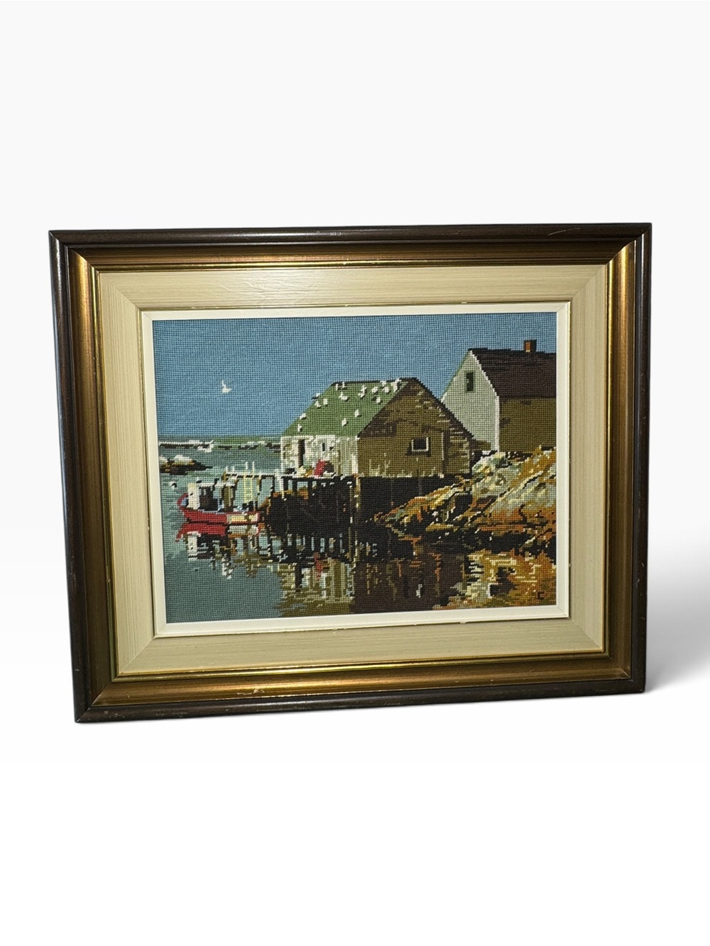 Vintage Peggy's Cove Nova Scotia Needlepoint Wood Frame, Needlecraft Art